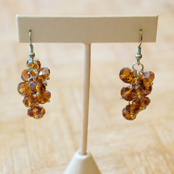 Vintage 1990s Root Beer Crystal Dangle Earrings – Faceted Beads, Silver Tone, 2” - Picture 2 of 3